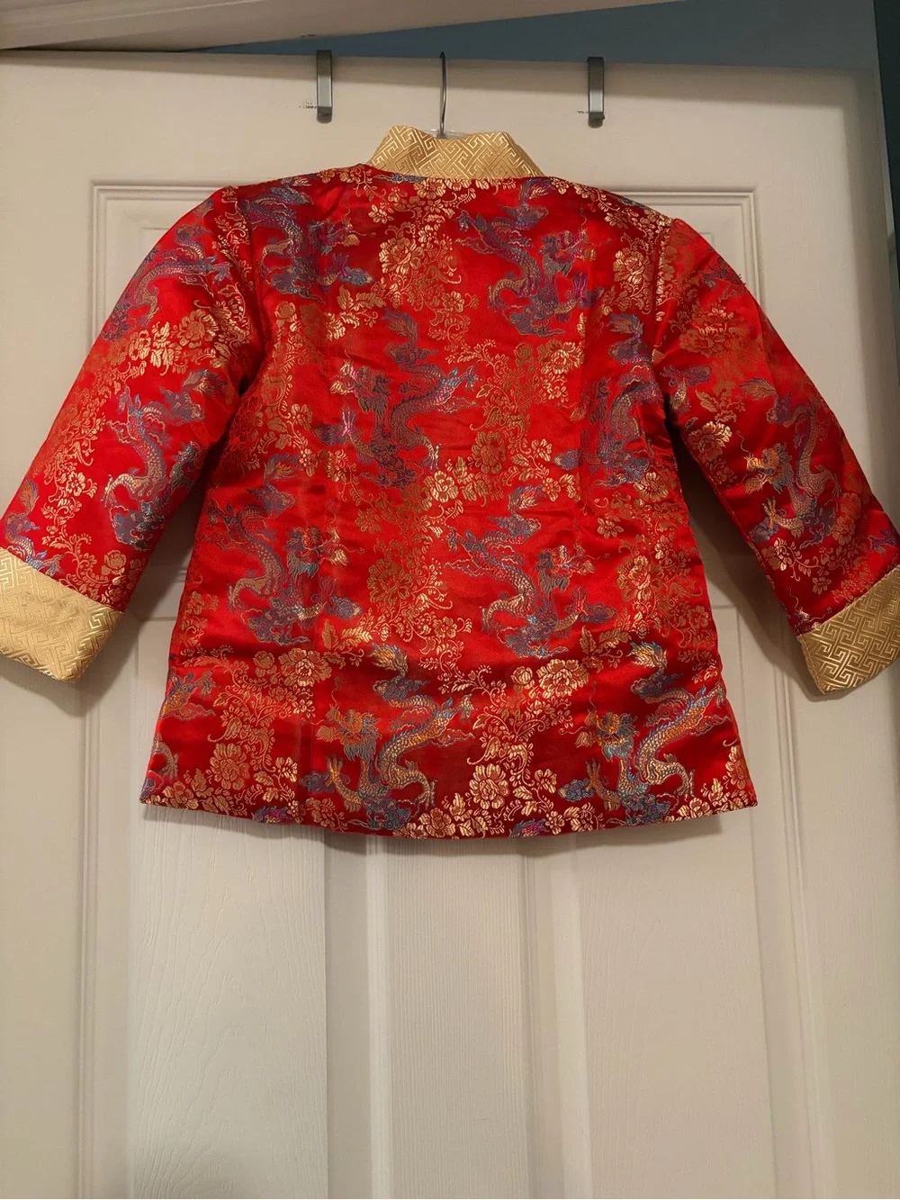 Children's Red Satin Dragon-Pattern Tang Jacket with Gold Trim Sz 8